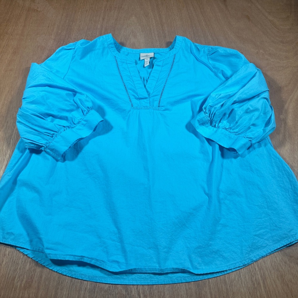 St. John's Bay Turquoise Blue Cotton Peasant Blouse Women's 1X Puff Sleeve